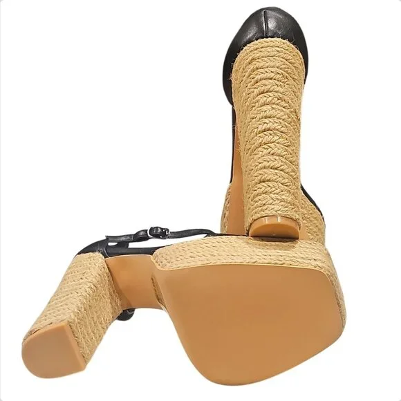 Black Platform High Heel Sandals With Woven Straw Sole & Ankle Strap Heel Chic - Picture 9 of 9